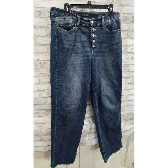 Judy Blue Jeans 13/31 Blue Dark High Rise Wide Leg Button Fly Denim Frayed Hem - Picture 9 of 13